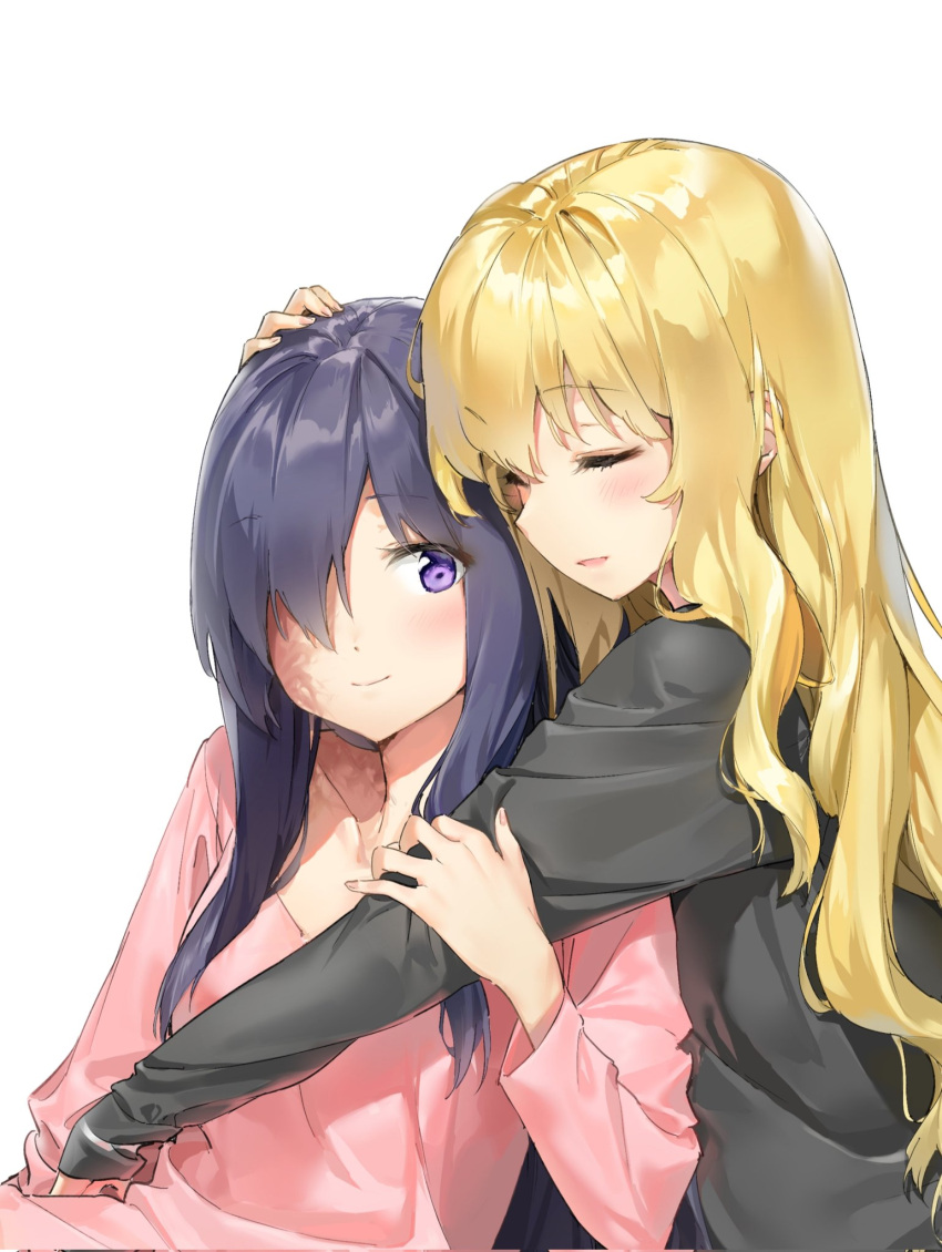 2girls, black_hair, black_pajamas, blonde_hair, blush, burn_scar, closed_eyes, closed_mouth