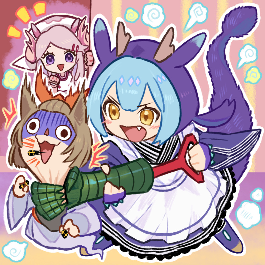 3girls, :d, animal_ears, apron, ash_blossom_&amp;_joyous_spring, bangs, bangs_pinned_back, blue_gloves, blue_hair, blue_kimono, blush_stickers, bow, brown_hair, called_by_the_grave, chibi, commentary, dog_ears, dragon_girl, dragon_horns, dragon_tail, dress, duel_monster, fang, full_body, ghost, ghost_tail, gloves, hair_between_eyes, hair_bow, hair_ornament, hairclip, hat, highres, holding, horns, hucydin, japanese_clothes, kimono, laundry_dragonmaid, long_hair, long_sleeves, maid, maid_apron, maxx_c, multicolored_hair, multiple_girls, notice_lines, nurse_cap, nurse_dragonmaid, objectification, open_mouth, parted_bangs, pink_gloves, pink_hair, pink_horns, shaded_face, short_hair, sidelocks, smile, standing, strangling, symbol-only_commentary, tail, violet_eyes, wa_maid, white_kimono, yellow_eyes, yu-gi-oh!