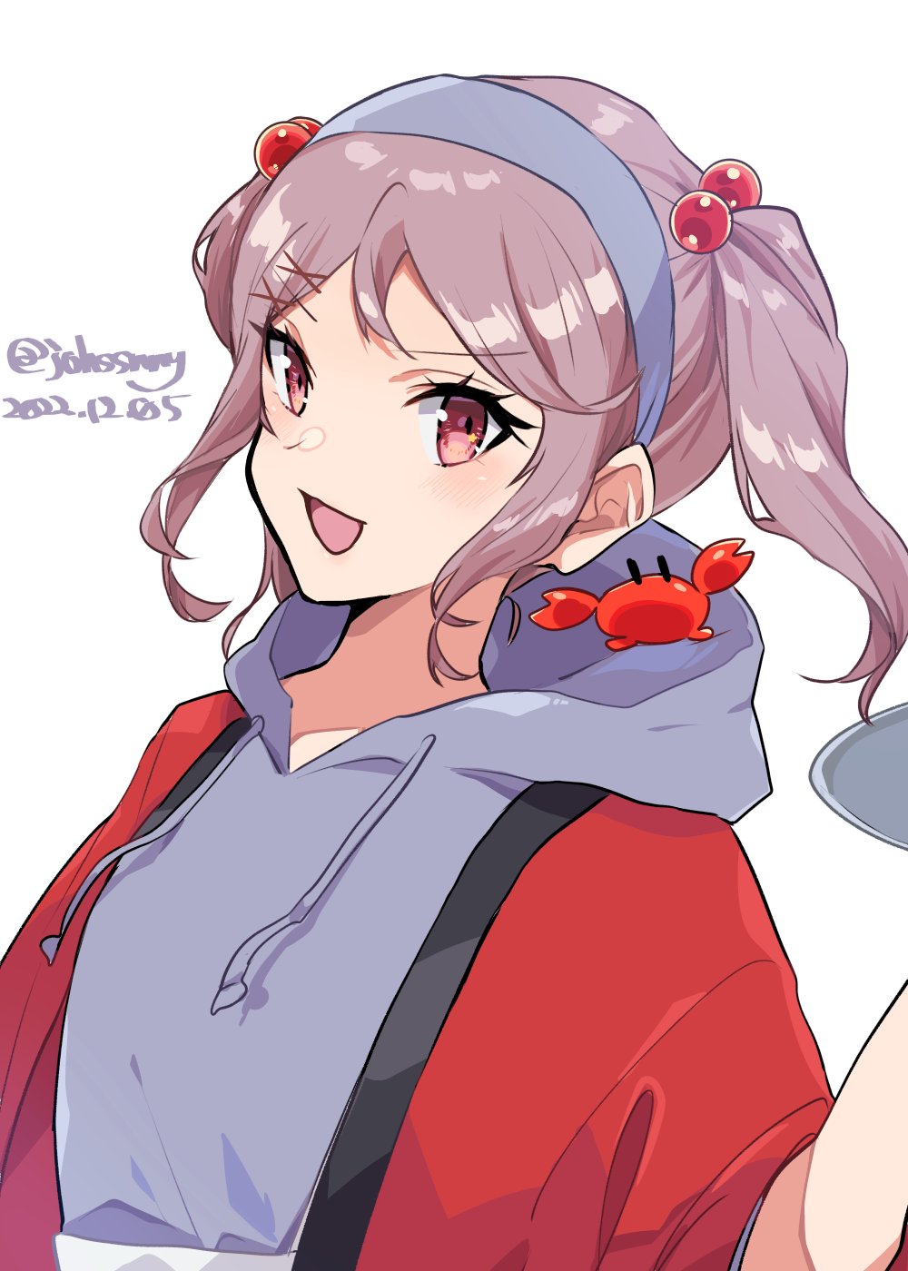 1girl, commentary_request, crab_on_shoulder, dated, hair_bobbles, hair_ornament, happi, highres