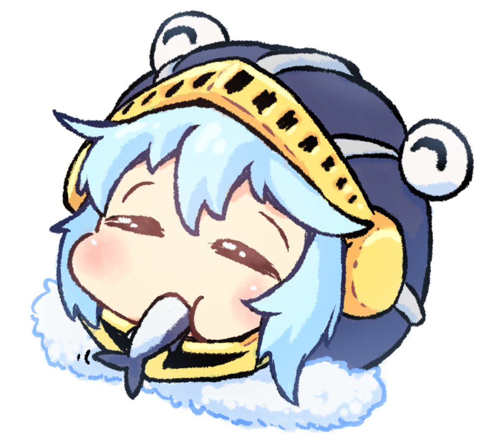 1other, androgynous, blue_hair, blue_headwear, chibi, closed_eyes, commentary_request, eating