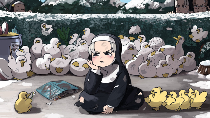 4girls, @_@, aged_down, bird, book, bowl, brown_hair, brunette_bangs_nun_(diva)