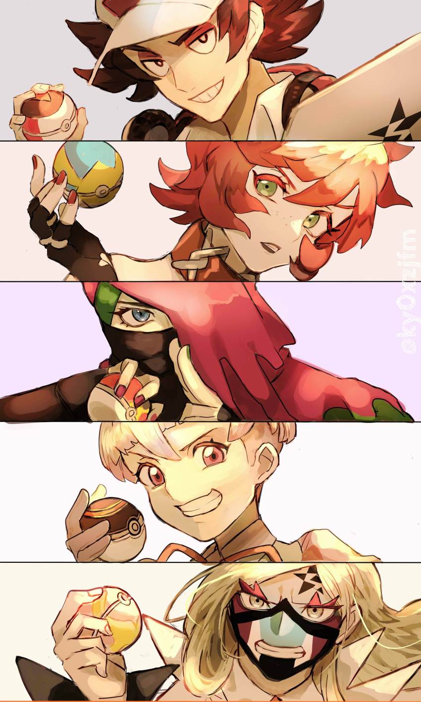 2girls, 3boys, absurdres, atticus_(pokemon), baseball_cap, black_eyes, black_hair, blonde_hair