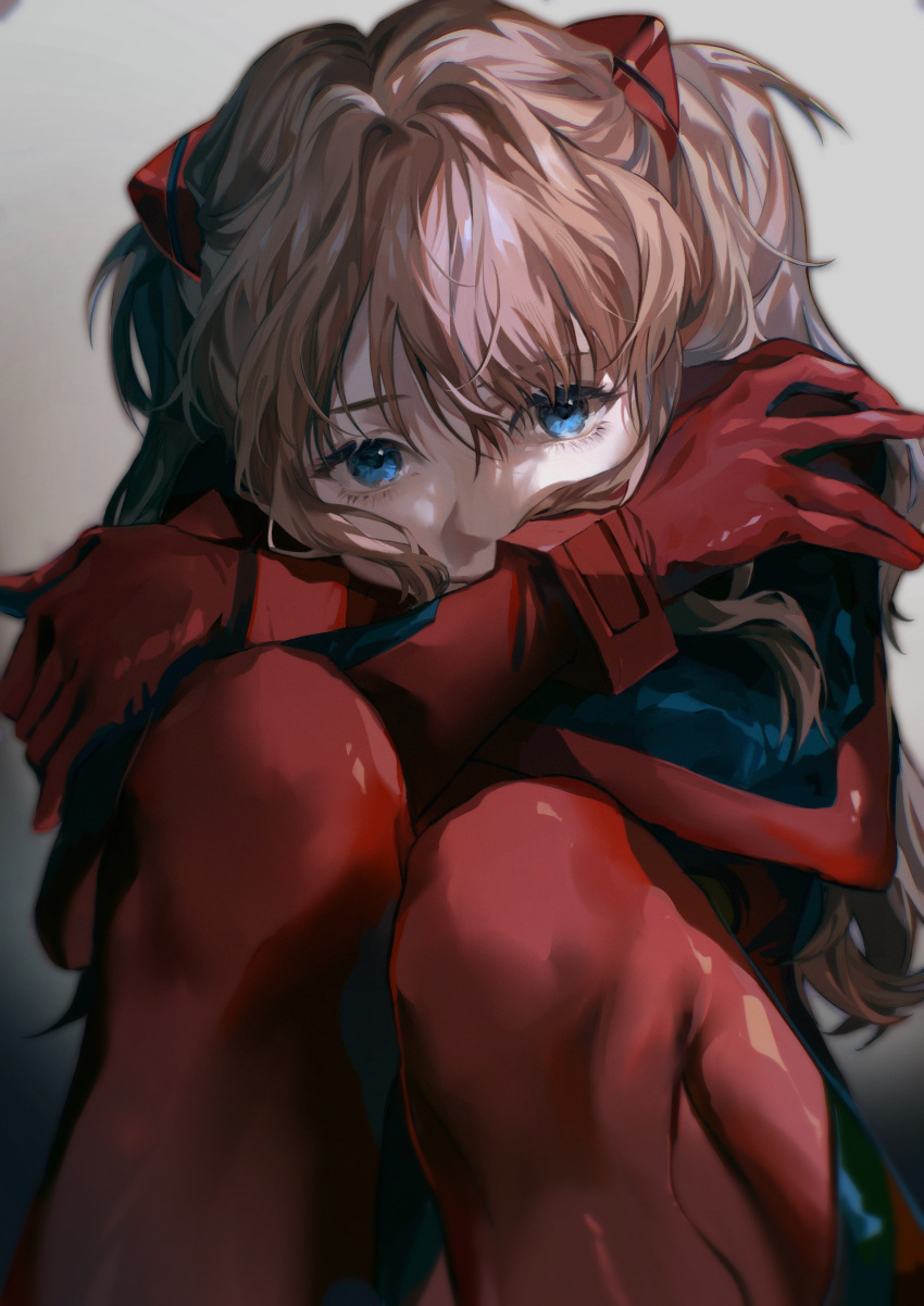 1girl, absurdres, bangs, blue_eyes, bodysuit, brown_hair, covered_mouth, crossed_arms, expressionless, feet_out_of_frame, fetal_position, gradient, gradient_background, grey_background, hair_intakes, highres, interface_headset, knees_up, long_hair, looking_at_viewer, neon_genesis_evangelion, plugsuit, qing_yan_xia, red_bodysuit, simple_background, sitting, solo, souryuu_asuka_langley, two_side_up