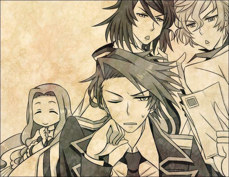 1girl, 3boys, closed_eyes, closed_mouth, collared_shirt, commentary_request, jacket, leo_shishigami, long_hair, long_sleeves, momofukki, monochrome, multiple_boys, necktie, one_eye_closed, open_mouth, parted_hair, philip_butler, richard_maiougi, rose_guns_days, rose_haibara, shirt, short_hair, smile, sweat, triangle_mouth