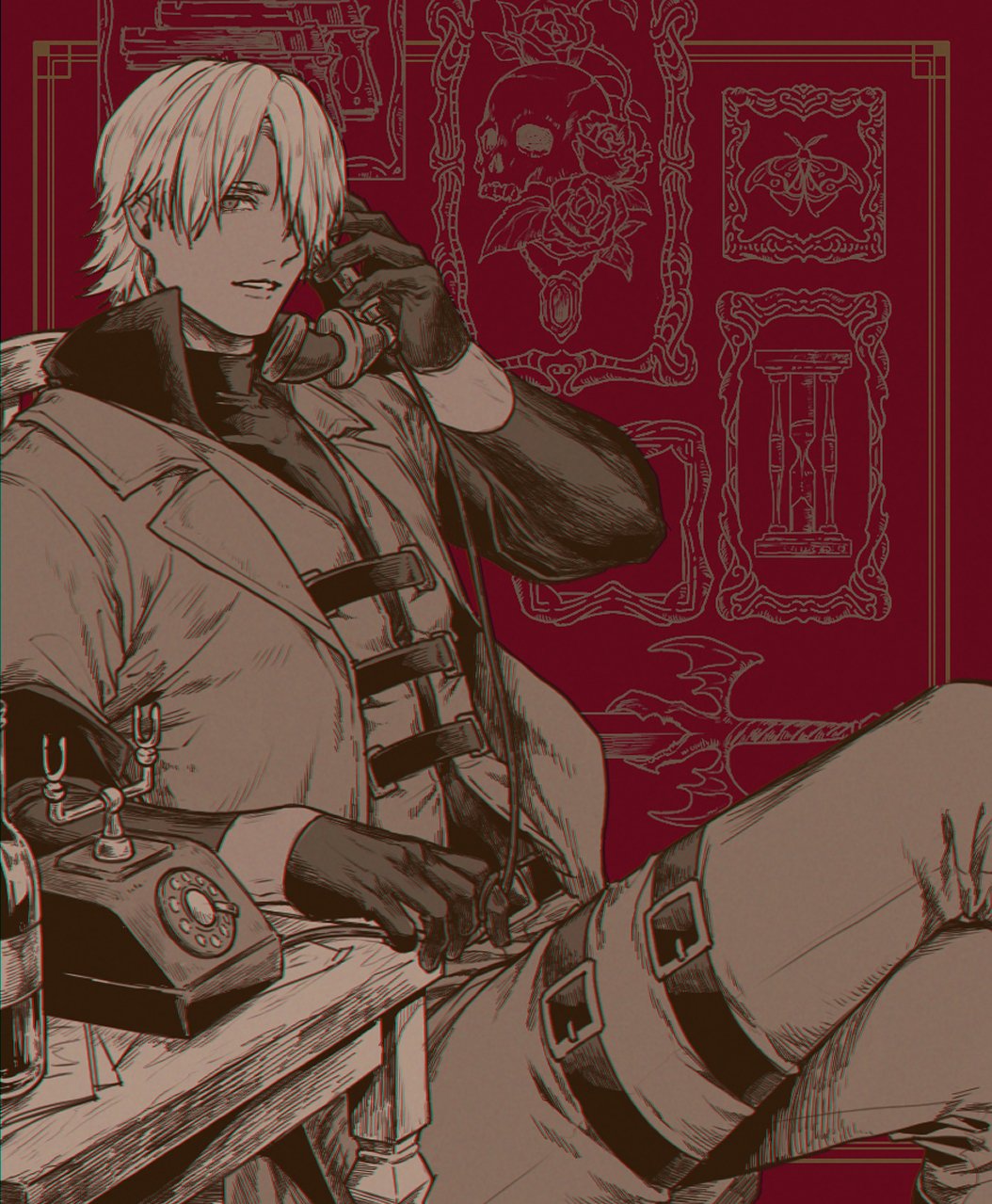 1boy, black_gloves, black_shirt, bottle, cowboy_shot, crossed_legs, dante_(devil_may_cry), dbox_2525, devil_may_cry_(series), gloves, hair_over_one_eye, highres, holding, holding_phone, jacket, long_sleeves, looking_at_viewer, male_focus, pants, parted_lips, phone, red_background, rotary_phone, shirt, short_hair, sitting, solo, thigh_strap, waistcoat