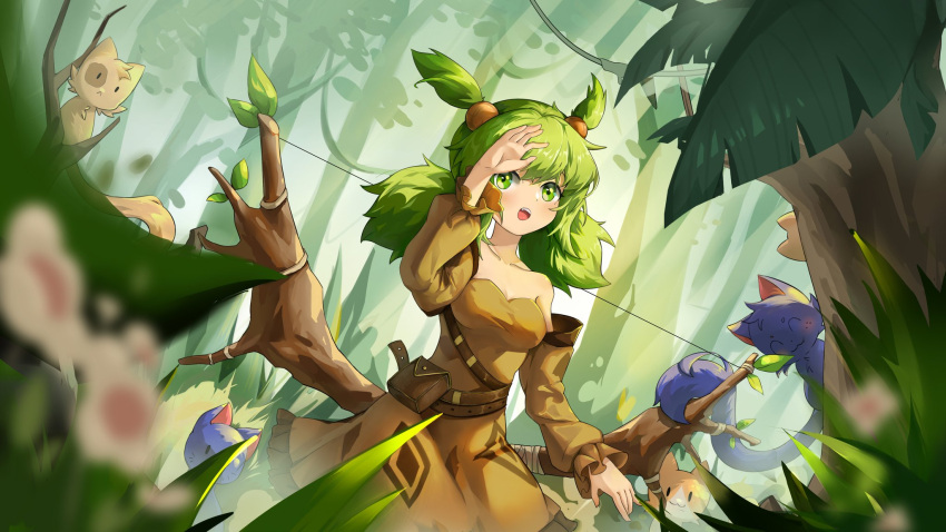 1girl, animal, anna_(epic_battle_fantasy), belt_pouch, bow, breasts, brown_dress, brown_sleeves, cat, chinese_commentary, detached_sleeves, dress, epic_battle_fantasy, flower, forest, frost_cedar, green_eyes, green_hair, hair_bobbles, hair_ornament, hand_up, highres, long_sleeves, nature, open_mouth, pouch, tree, twintails