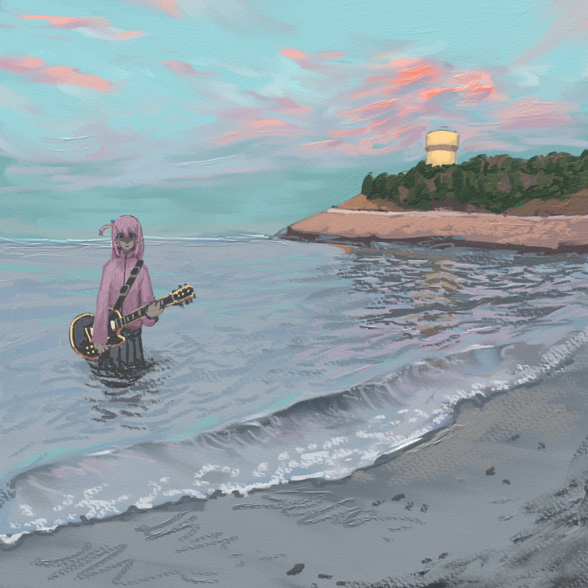 1girl, beach, black_skirt, bocchi_the_rock!, gooseygang, gotou_hitori, guitar, highres, holding, holding_instrument, horizon, instrument, jacket, long_hair, long_sleeves, looking_at_viewer, ocean, one_side_up, outdoors, painting_(medium), pink_hair, pink_jacket, shaded_face, skirt, solo, sunset, traditional_media, wading, water