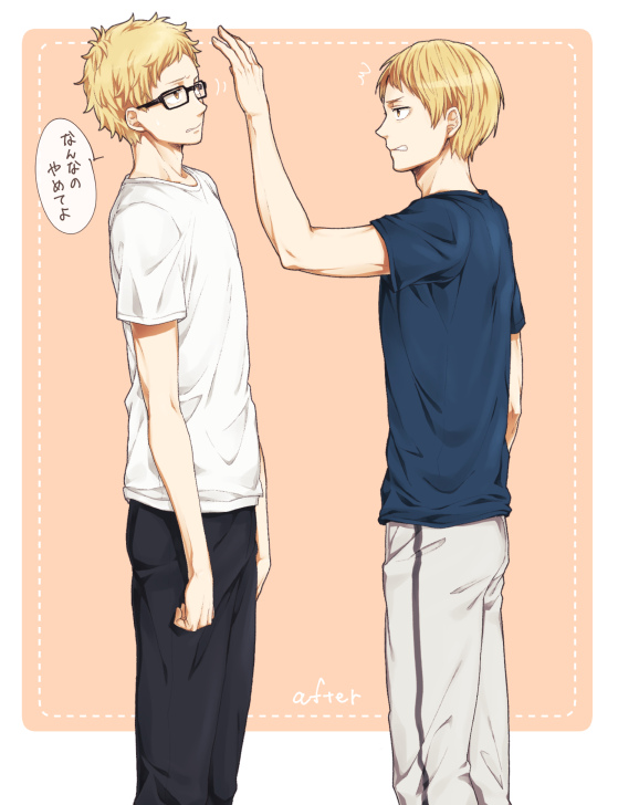 black_shirt, blonde_hair, brothers, brown_eyes, glasses, grey_pants, haikyuu!!, looking_at_another