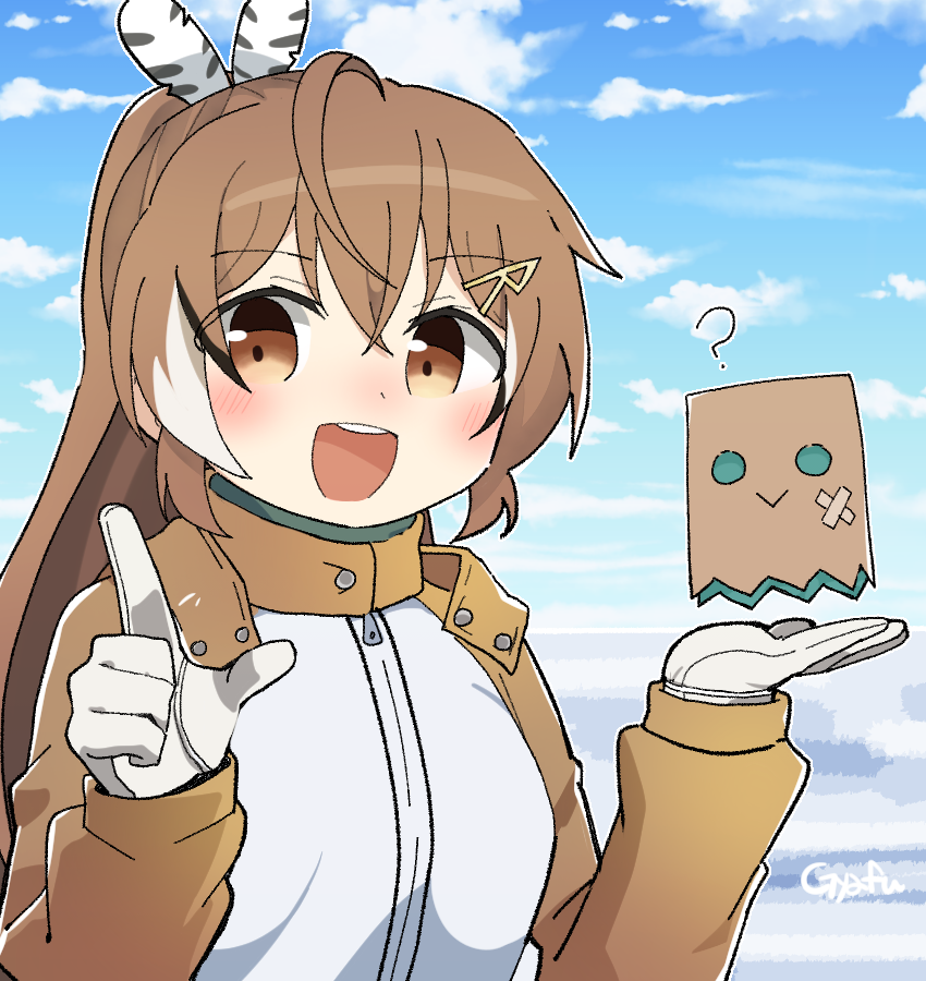 1girl, :d, ?, ahoge, bangs, brown_eyes, brown_hair, clouds