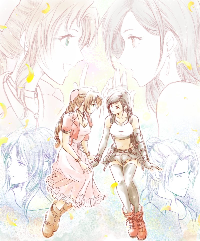 3mame_000_185, 4girls, aerith_gainsborough, bangle, bangs, bare_shoulders, black_bra, black_gloves, black_hair, black_skirt, black_thighhighs, boots, bra, bracelet, braid, braided_ponytail, breasts, brown_footwear, brown_hair, choker, collared_shirt, crop_top, cropped_jacket, dress, earrings, elbow_gloves, elmyra_gainsborough, final_fantasy, final_fantasy_vii, final_fantasy_vii_remake, fingerless_gloves, flower_choker, full_body, gloves, green_eyes, hair_bun, hair_ribbon, ifalna, jacket, jewelry, large_breasts, leaning_forward, long_dress, medium_breasts, midriff, mother_and_daughter, multiple_girls, open_mouth, parted_bangs, pink_dress, pink_ribbon, pleated_skirt, red_footwear, red_jacket, ribbon, shirt, short_sleeves, sidelocks, sitting, skirt, sleeveless, sleeveless_shirt, smile, sports_bra, suspenders, thigh-highs, tifa_lockhart, underwear, upper_body, white_shirt