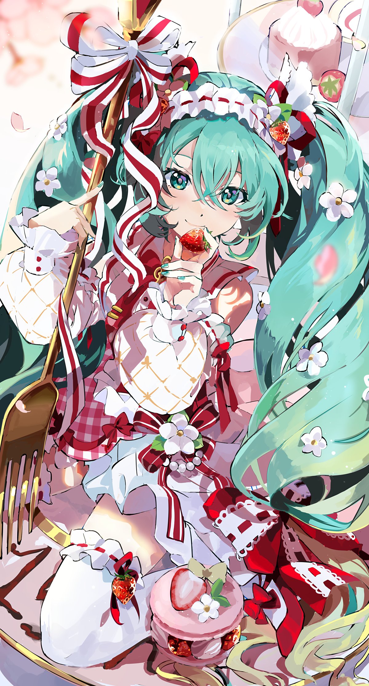 1girl, aqua_nails, bangs, closed_mouth, crossed_bangs, detached_sleeves, food, food-themed_hair_ornament
