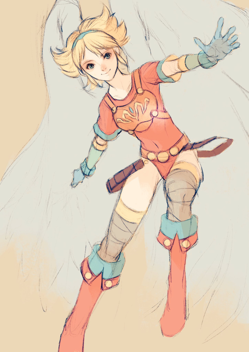 1girl, angel_wings, armor, blonde_hair, blue_eyes, breath_of_fire, breath_of_fire_i, closed_mouth, elbow_gloves, foot_out_of_frame, gloves, hairband, highres, kannoaki, leotard, looking_at_viewer, nina_(breath_of_fire_i), red_leotard, short_hair, simple_background, solo, white_wings, wings