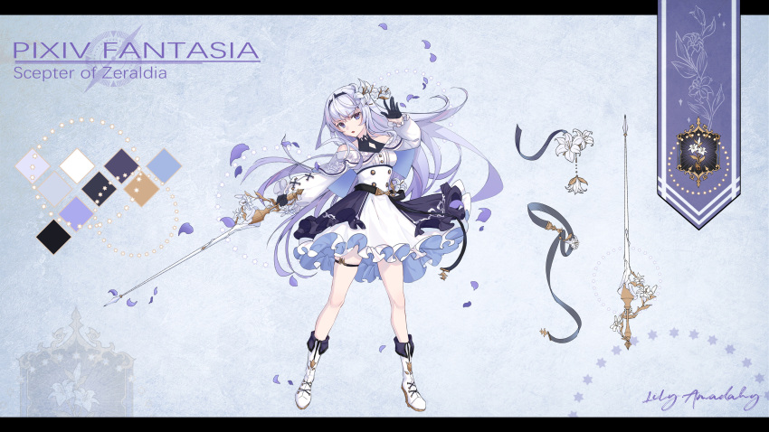 1girl, absurdres, black_gloves, blue_eyes, breasts, character_name, copyright_name, dress, flower, full_body, gloves, grey_hair, hair_flower, hair_ornament, highres, holding, holding_weapon, lily_amadahy, long_hair, long_sleeves, petals, pixiv_fantasia, pixiv_fantasia_scepter_of_zeraldia, small_breasts, so_tsubasa, solo, standing, very_long_hair, weapon, white_dress, white_footwear
