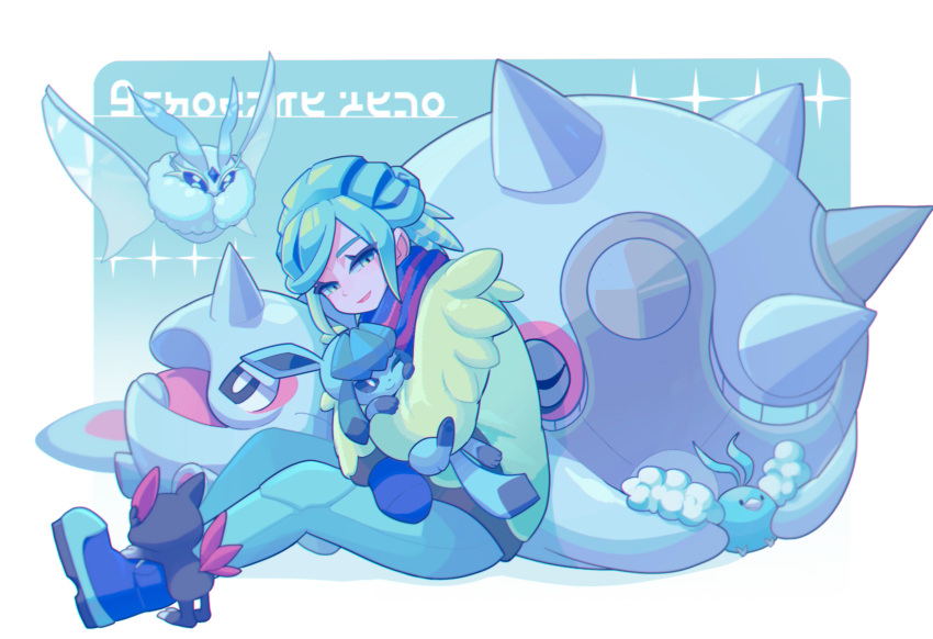 1boy, blue_footwear, boots, border, cetitan, cetoddle, commentary_request, eyelashes