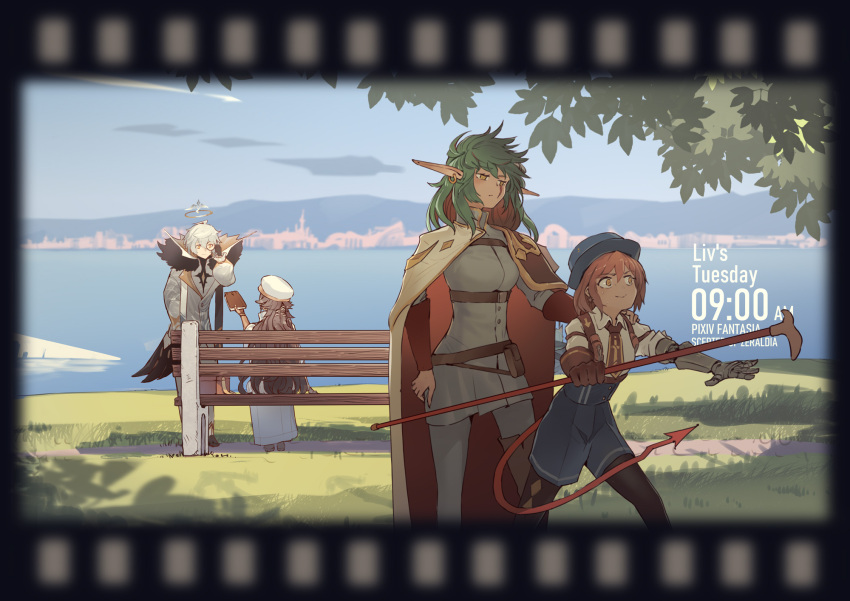1boy, 3girls, bench, black_pantyhose, book, brown_gloves, brown_hair, cane