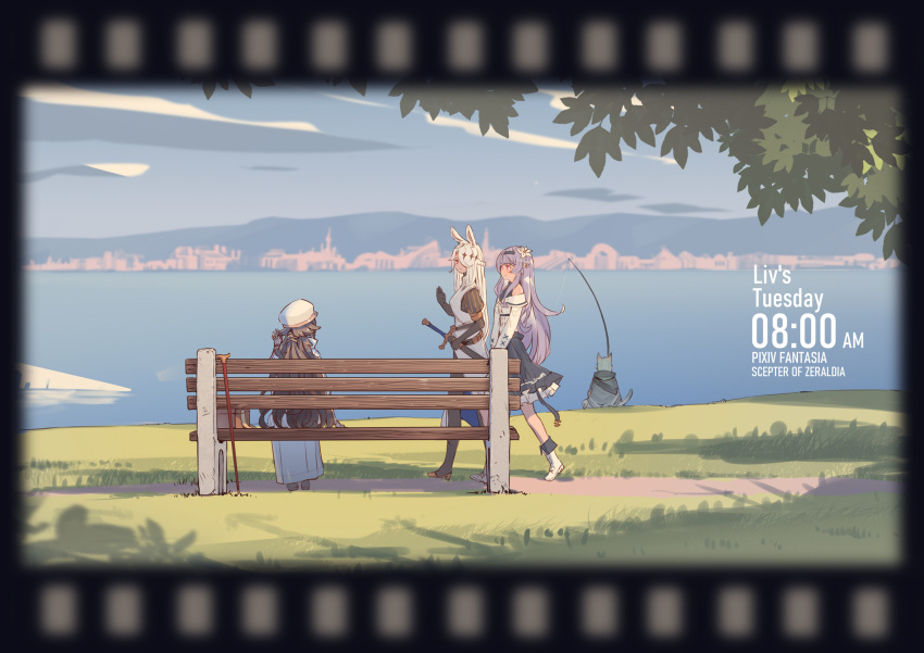4girls, animal_ears, black_gloves, black_skirt, cane, clouds, copyright_name, day
