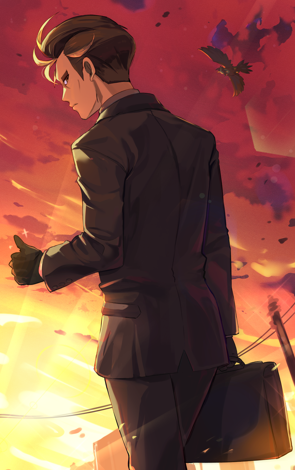 1boy, bird, black_gloves, black_jacket, black_pants, briefcase, brown_hair, clouds