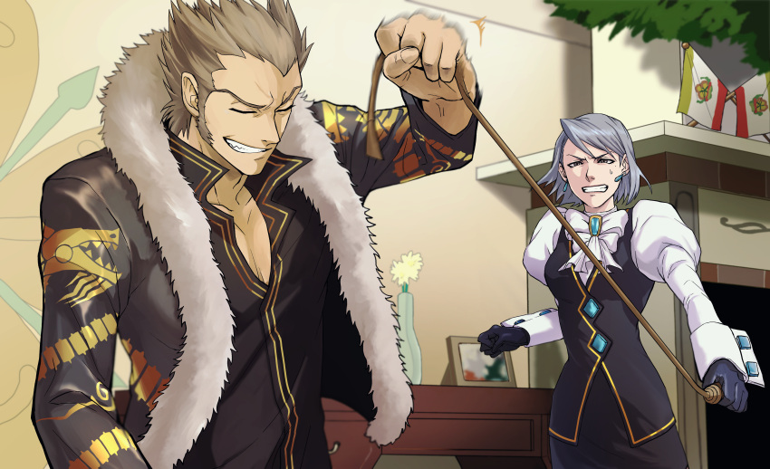 1boy, 1girl, absurdres, ace_attorney, ace_attorney_investigations, angry, ascot, black_gloves, black_skirt, black_vest, blonde_hair, blue_eyes, blue_hair, closed_eyes, earrings, flag, formal, franziska_von_karma, fur_trim, gem, gloves, highres, holding, holding_whip, indoors, jacket, jewelry, juliet_sleeves, long_sleeves, looking_at_another, mole, mole_under_eye, open_mouth, pencil_skirt, puffy_sleeves, sano_(hospital_0434), shi-long_lang, shirt, short_hair, skirt, smile, standing, vest, vest_over_shirt, whip, white_shirt