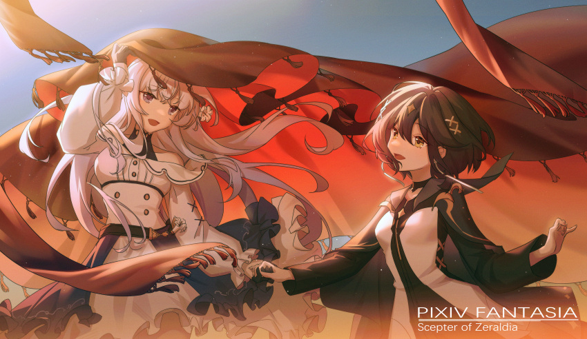 2girls, :d, absurdres, ape, black_gloves, black_hair, blue_eyes, brown_eyes, copyright_name, day, dress, gloves, hair_between_eyes, highres, holding_hands, lily_amadahy, long_sleeves, multiple_girls, outdoors, pixiv_fantasia, pixiv_fantasia_scepter_of_zeraldia, scarf, smile, so_tsubasa, thaleia_(pfsoz), white_dress, white_hair