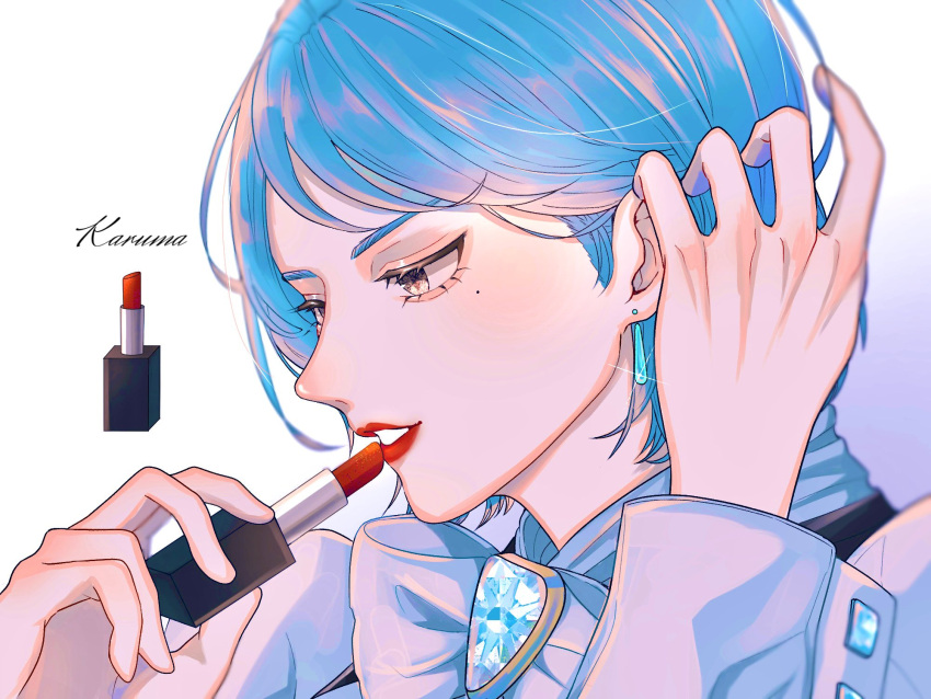 1girl, ace_attorney, applying_makeup, ascot, blue_hair, earrings, franziska_von_karma, gem