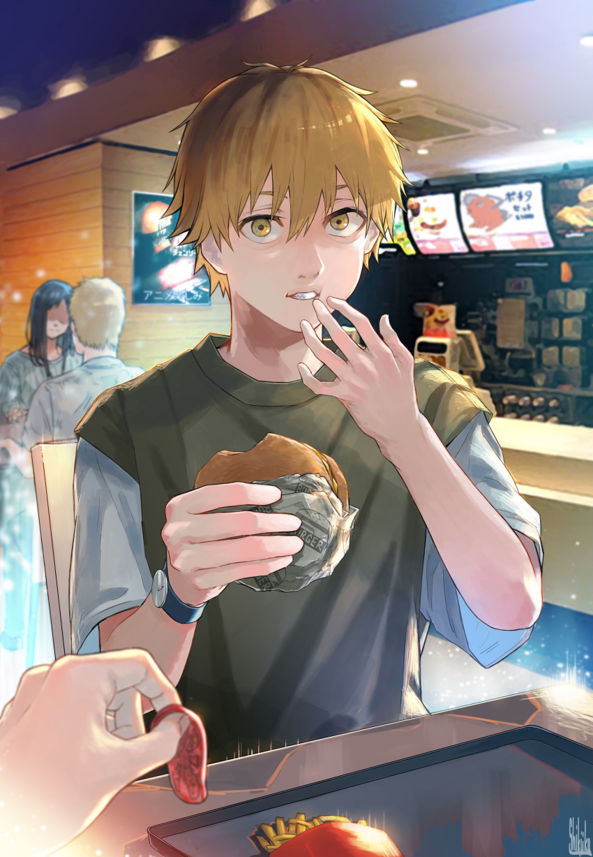absurdres, black_hair, blonde_hair, burger, chainsaw, chainsaw_man, denji_(chainsaw_man), fast_food