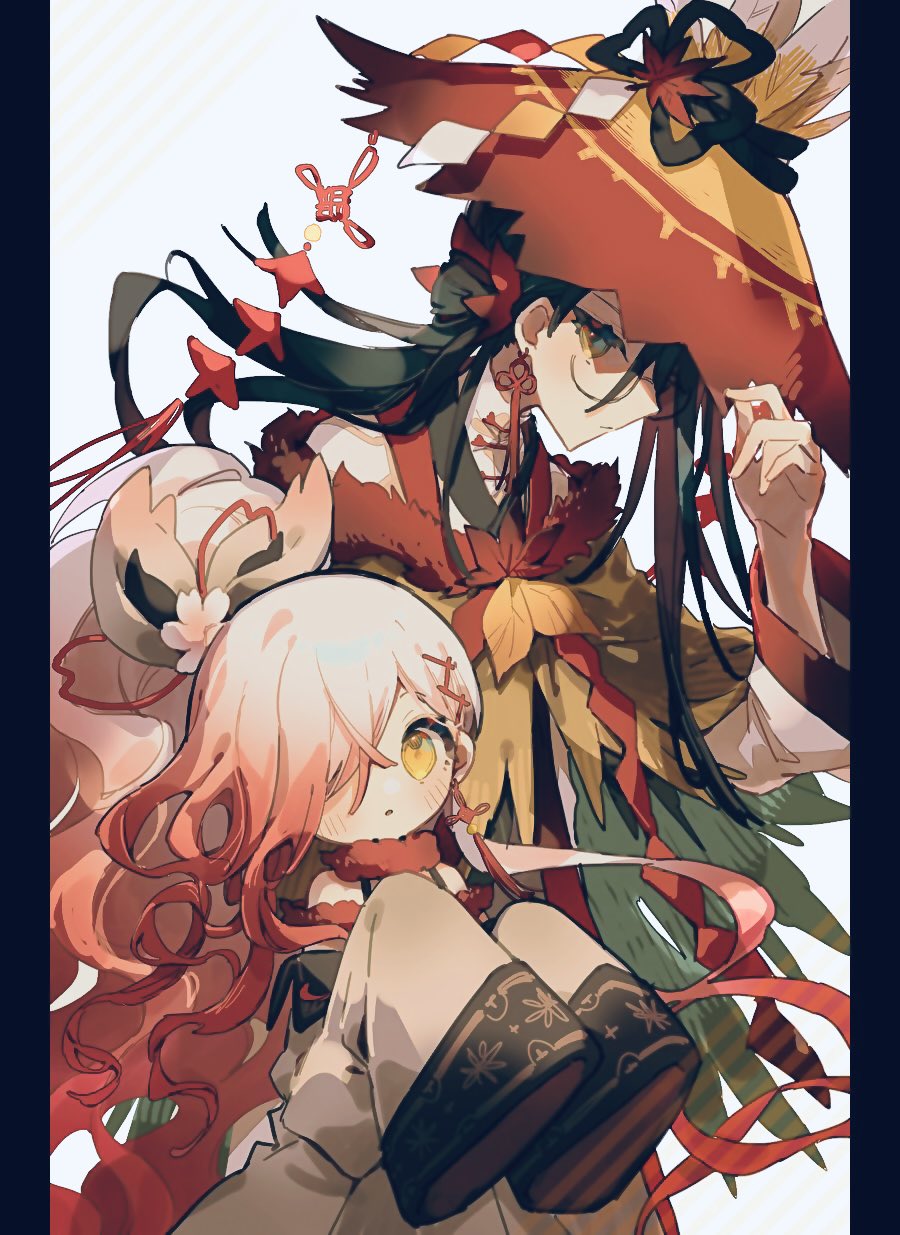 2boys, autumn_leaves, black_hair, cape, cherry_blossoms, flower, ghost_pose, gradient_hair
