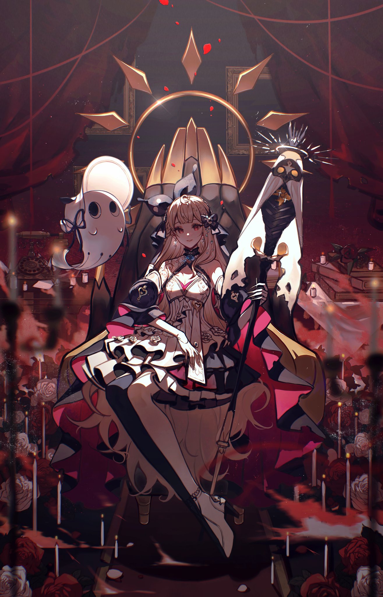 1girl, absurdly_long_hair, asymmetrical_legwear, bangs, black_bow, black_thighhighs, bonnet, book