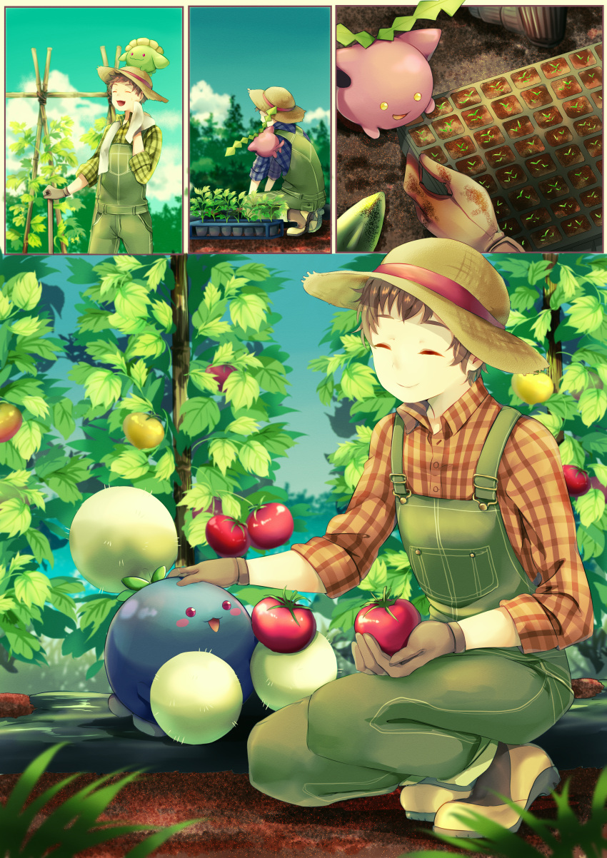 1boy, absurdres, brown_gloves, day, gardening, gloves, highres, hoppip