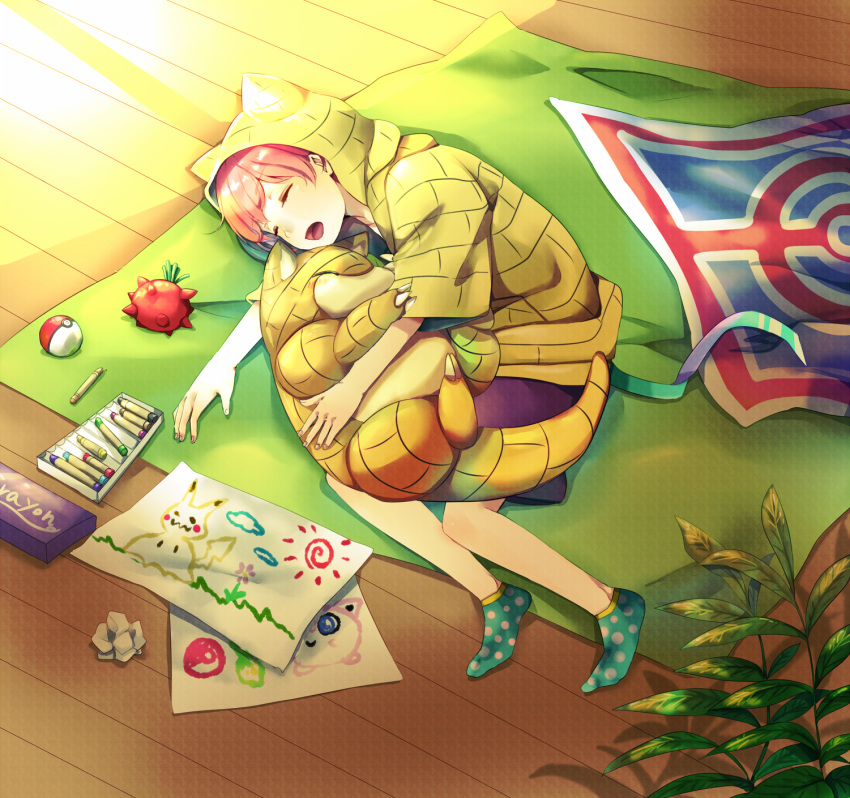 animal_hood, berry_(pokemon), blanket, blue_socks, child_drawing, crayon, day, highres