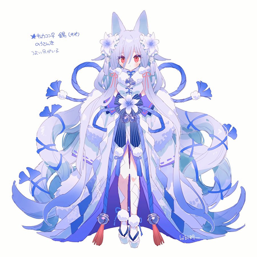 1girl, alolan_ninetales, animal_ears, blue_hair, blue_kimono, blue_sash, blue_theme, bridal_legwear, flower, fox_ears, fox_girl, hair_flaps, hair_flower, hair_ornament, hibi89, japanese_clothes, kimono, lily_(flower), long_hair, looking_at_viewer, low_twintails, multiple_tails, obi, ofuda, ofuda_on_leg, okobo, personification, pokemon, sash, simple_background, socks, solo, tail, twintails, very_long_hair, white_background, white_footwear, white_socks