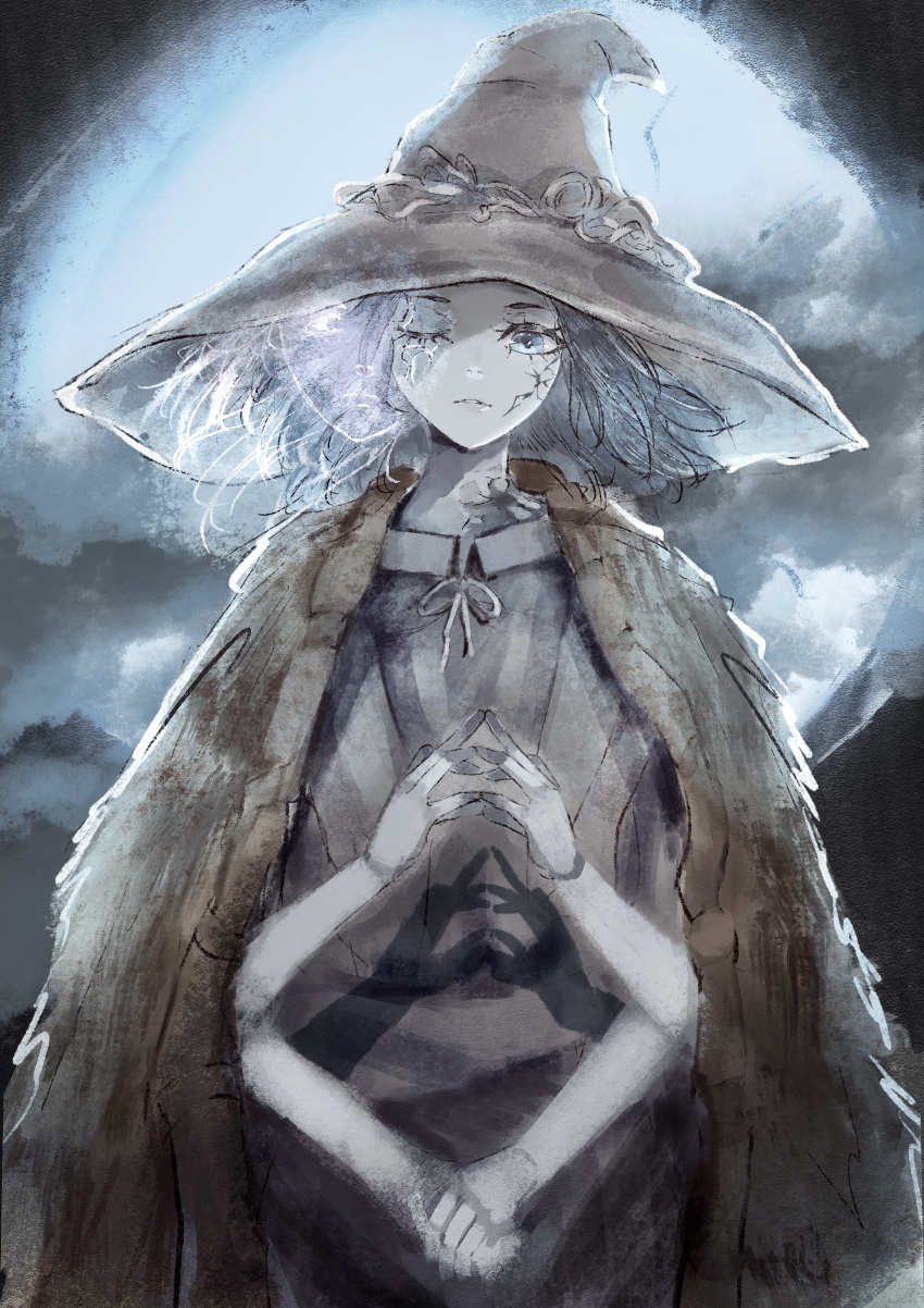 1girl, absurdres, blue_eyes, blue_hair, cape, cracked_skin, doll_joints, elden_ring