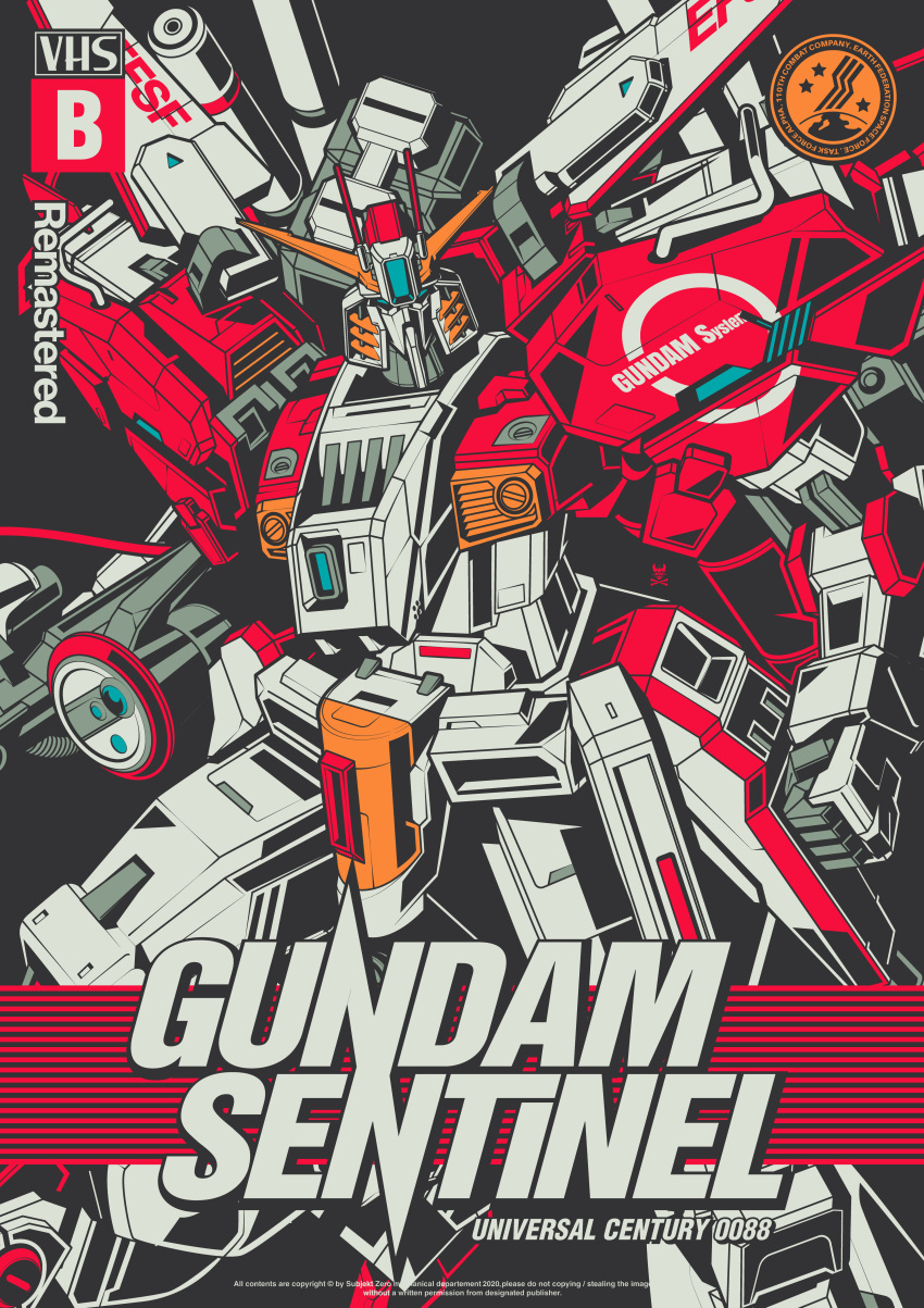 absurdres, artist_logo, beam_rifle, blue_eyes, clenched_hand, commentary, commission, copyright_name, cover, earth_federation_space_forces, energy_gun, english_commentary, ex-s_gundam, fake_cover, gun, gundam, gundam_sentinel, highres, holding, holding_gun, holding_weapon, looking_at_viewer, mecha, mobile_suit, robot, science_fiction, solo, subjekt_zero, v-fin, vhs_cover, weapon