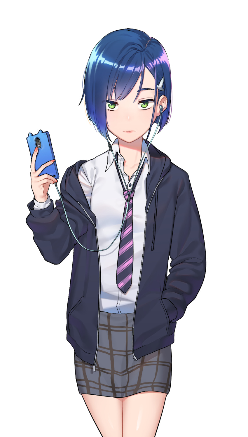 1girl, :|, bangs, black_hoodie, black_necktie, blue_hair, bob_cut, breasts