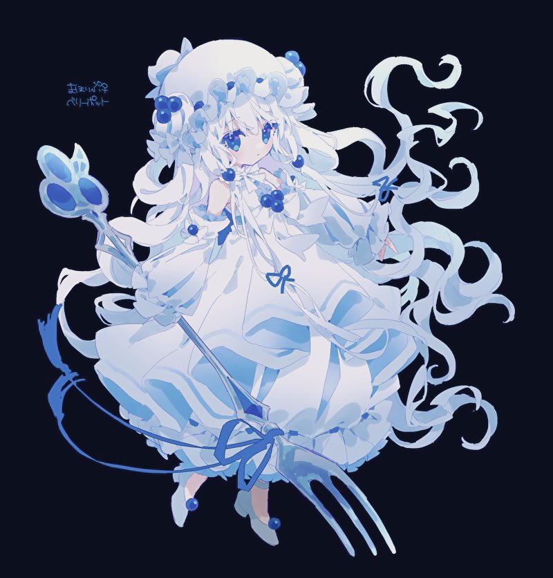 1girl, alcremie, alcremie_(berry_sweet), alcremie_(mint_cream), black_background, blue_eyes, blue_ribbon, blueberry_hair_ornament, detached_sleeves, food-themed_hair_ornament, food-themed_hat_ornament, fork, full_body, hair_ornament, hair_ribbon, hat, hat_ornament, hibi89, high_heels, holding, holding_fork, long_hair, long_sleeves, looking_at_viewer, mob_cap, multi-tied_hair, personification, pokemon, puffy_long_sleeves, puffy_sleeves, ribbon, shoes, solo, white_footwear, white_hair