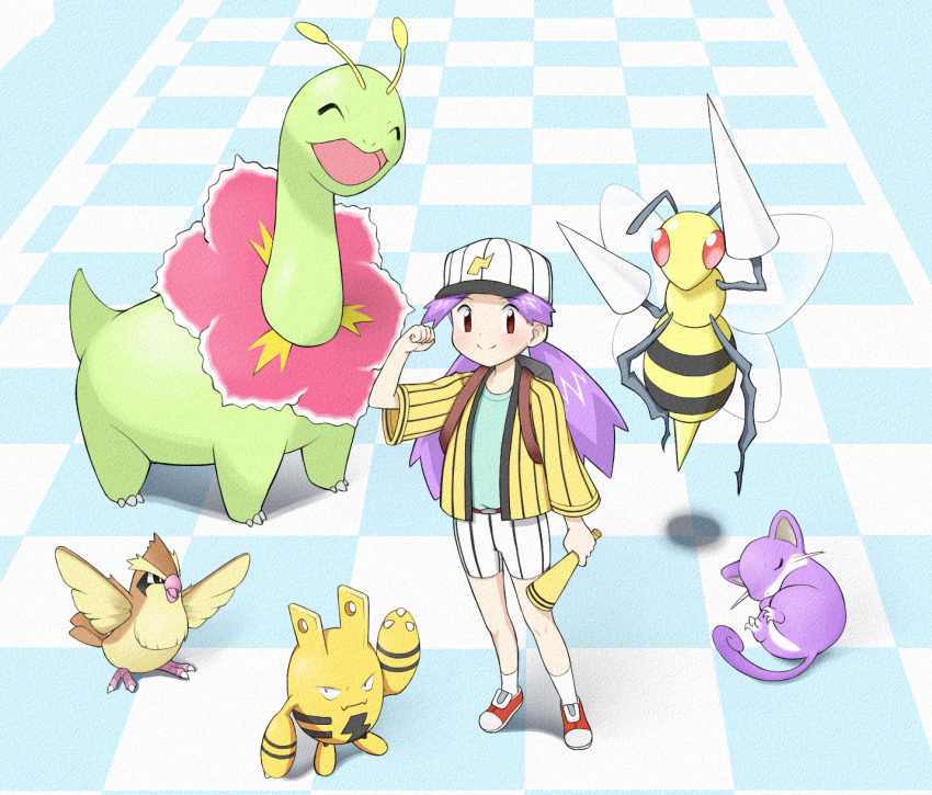 1girl, ataru_(ataru-littlebird), beedrill, belt, belt_buckle, buckle, casey_(pokemon), checkered_floor