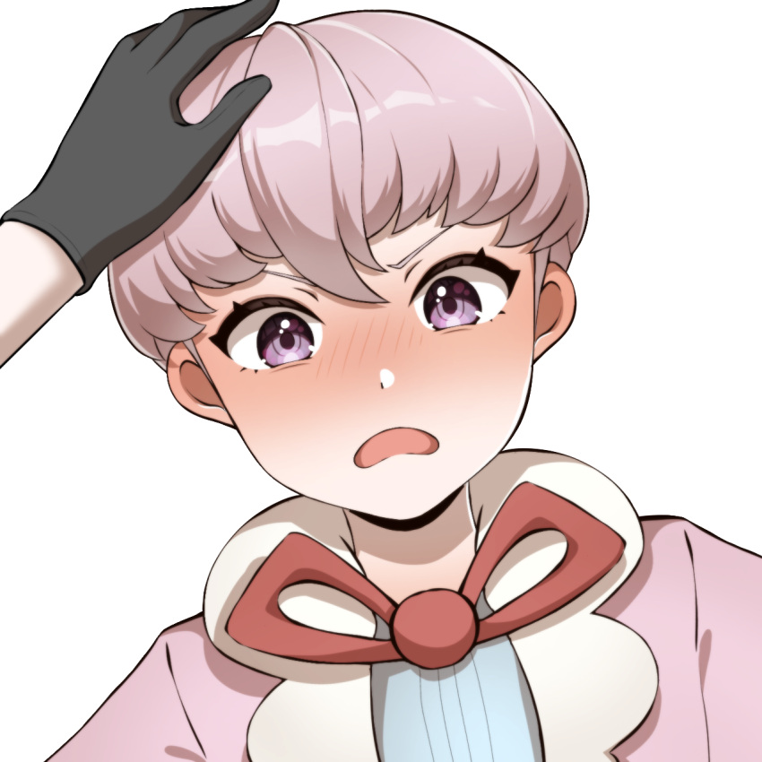 1boy, 1other, bangs, black_gloves, blush, commentary_request, embarrassed, gloves