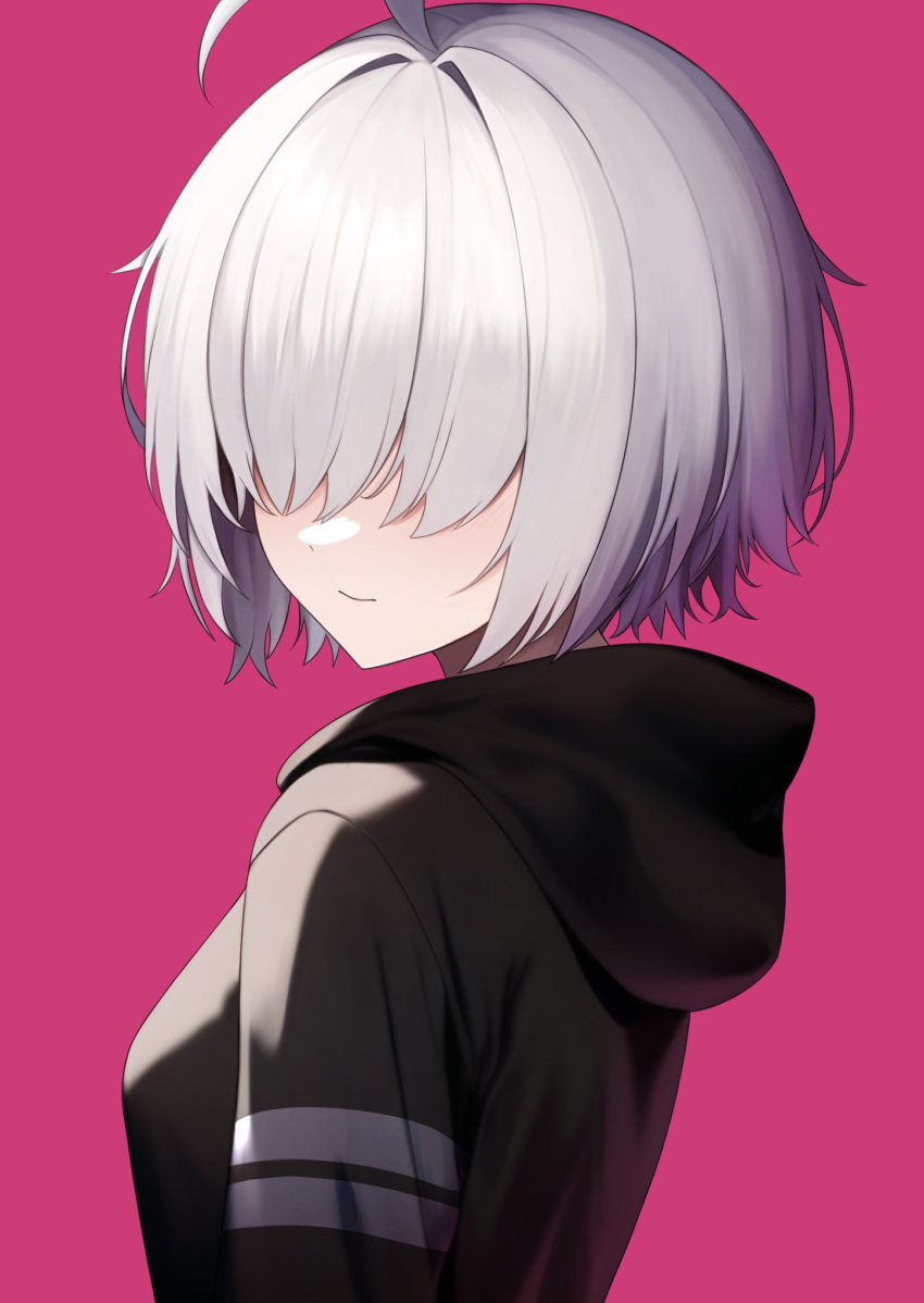1girl, ahoge, arc_9_(mikoscrub), black_hoodie, breasts, closed_mouth, covered_eyes, from_side, grey_hair, hair_over_eyes, highres, hood, hood_down, hoodie, mikoscrub, original, pink_background, short_hair, simple_background, small_breasts, solo, upper_body