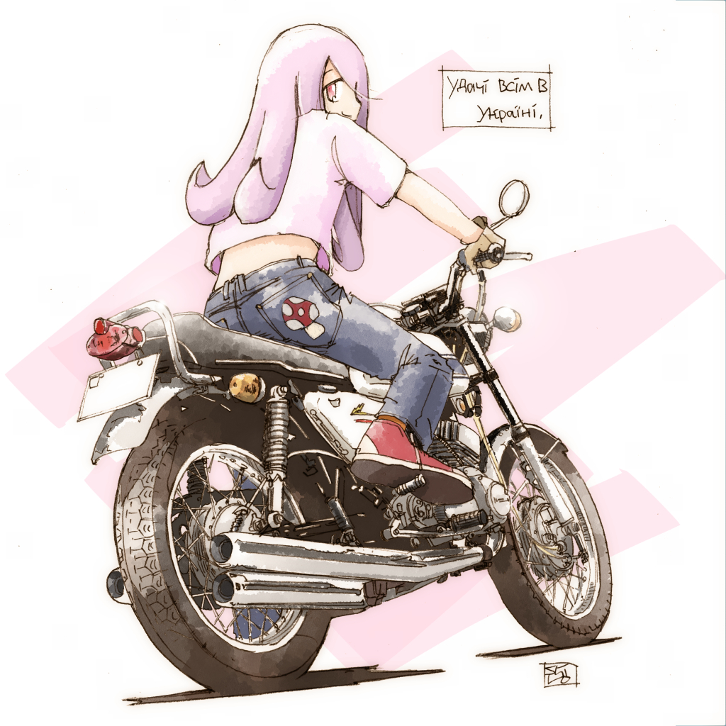 1girl, alternate_costume, brown_gloves, denim, exhaust_pipe, from_behind, gloves, ground_vehicle, jeans, license_plate, little_witch_academia, looking_back, midriff_peek, motor_vehicle, motorcycle, pants, purple_hair, purple_shirt, rear-view_mirror, red_eyes, red_footwear, riding, shiro0909, shirt, shoes, smile, sneakers, solo, sucy_manbavaran, translated, ukrainian_text, vehicle_focus
