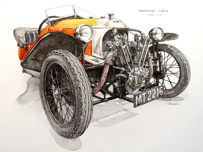 1922, artist_name, car, engine, ground_vehicle, highres, ink_(medium), ishimoto_takumi, license_plate, morgan_aero, motor_vehicle, no_humans, original, simple_background, solo, traditional_media, vehicle_focus, watercolor_pencil_(medium), white_background, windshield