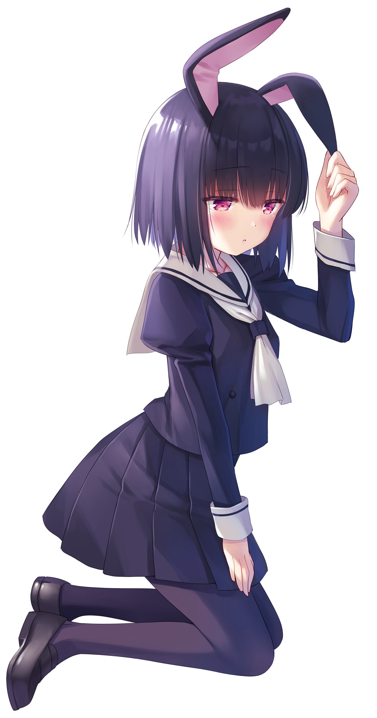 1girl, absurdres, animal_ears, bangs, blush, brown_footwear, commentary_request, full_body, hand_up, highres, holding_ear, kneeling, loafers, long_sleeves, na-ga, neckerchief, original, pantyhose, parted_lips, pleated_skirt, purple_hair, purple_pantyhose, purple_serafuku, purple_skirt, rabbit_ears, sailor_collar, school_uniform, serafuku, shoes, short_hair, simple_background, skirt, solo, violet_eyes, white_background, white_neckerchief, white_sailor_collar