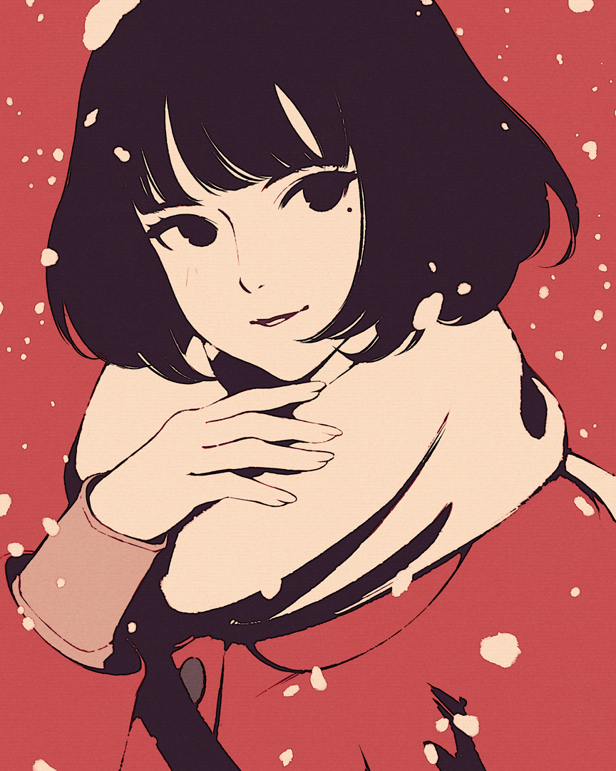 1girl, akashi_(yojouhan), bangs, black_eyes, black_hair, blunt_bangs, bob_cut, close-up