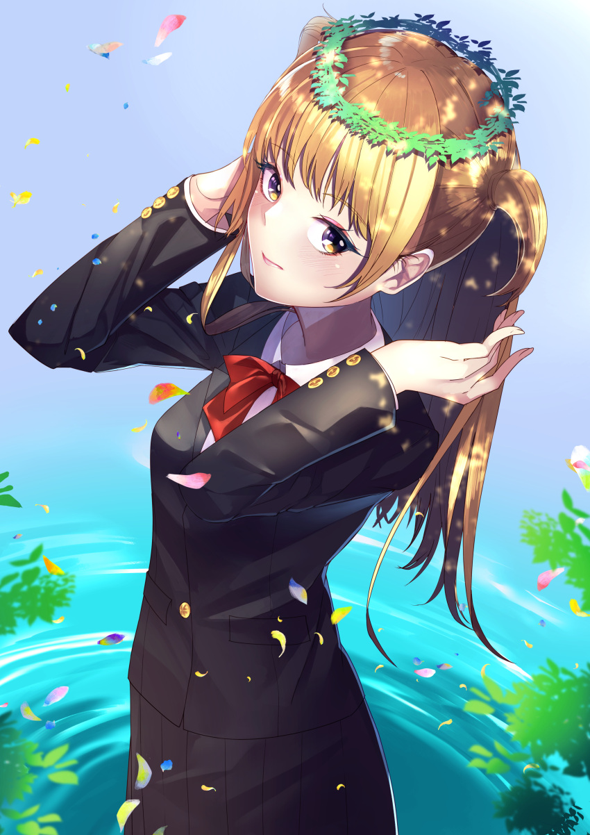 1girl, absurdres, akebi-chan_no_serafuku, bangs, black_jacket, black_skirt, blazer, blonde_hair