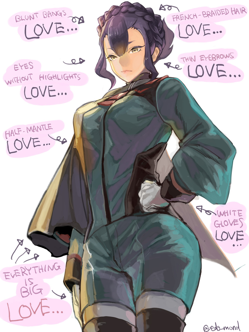 1girl, arm_at_side, braid, cape, character_request, commentary_request, crown_braid, edo_mond_(edoedoedomond), english_text, expressionless, gloves, green_shorts, gundam, gundam_suisei_no_majo, hair_between_eyes, hand_on_hip, highres, looking_at_viewer, purple_hair, shorts, solo, thigh-highs, thighs, twitter_username, white_background, white_gloves, yellow_eyes, zettai_ryouiki