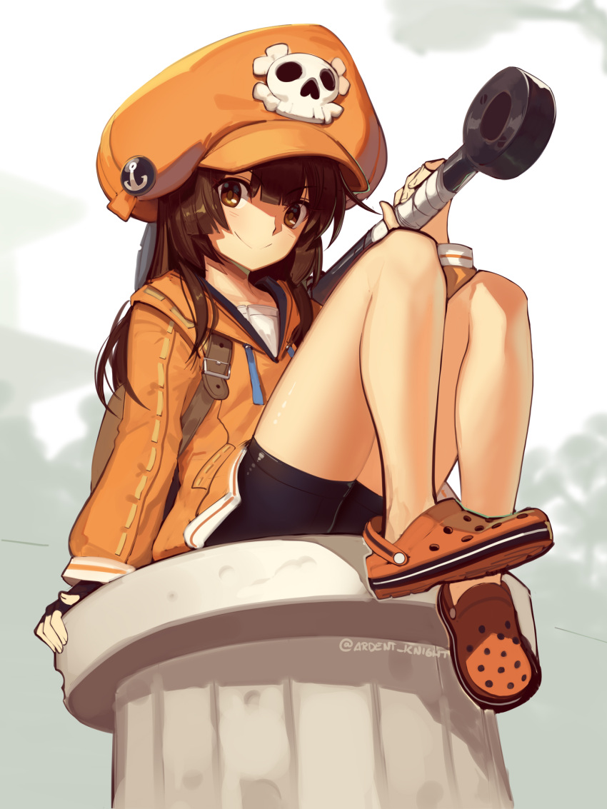 anchor, bike_shorts, boa_(brianoa), brown_eyes, brown_hair, crocs, guilty_gear, hat