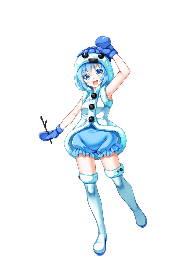 1girl, :d, arm_up, blue_bloomers, blue_hair, blue_headwear, blue_mittens, blush