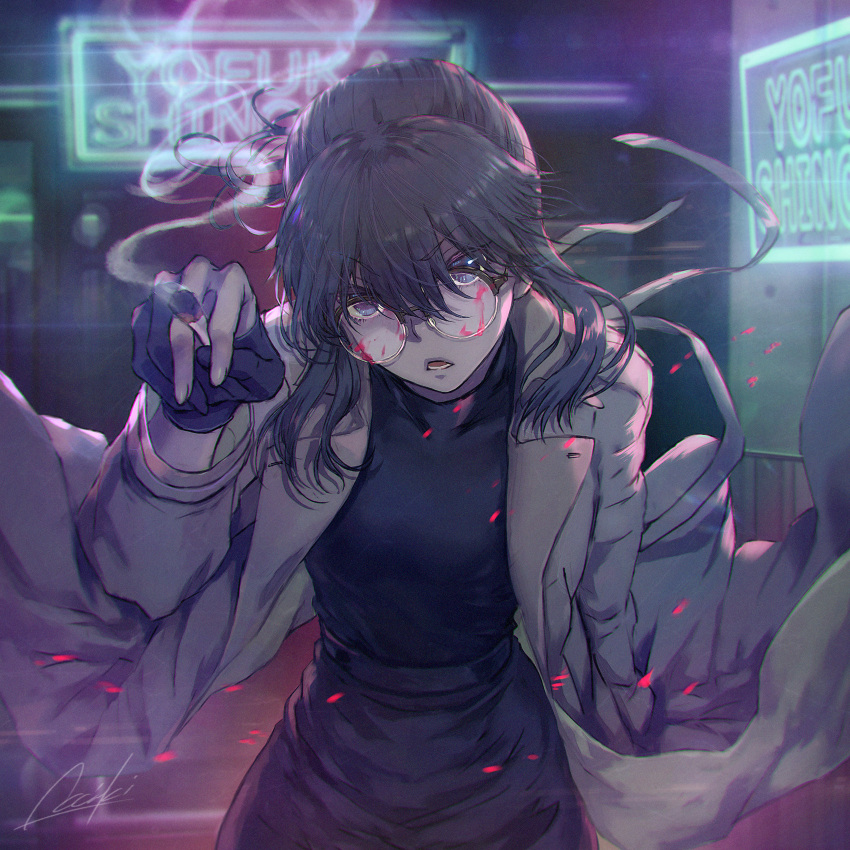 bangs, bar_(place), black_dress, blood_on_eyewear, blue_eyes, blurry, brown_coat, cigarette, coat, commentary_request, cowboy_shot, depth_of_field, detective, dress, gloves, hair_between_eyes, hand_in_pocket, hand_up, highres, holding, holding_cigarette, indoors, lira_mist, long_bangs, long_coat, long_hair, looking_at_viewer, lower_teeth, neon_lights, open_mouth, partially_fingerless_gloves, rimless_eyewear, signature, smoke, smoking, standing, straight-on, teeth, tobacco, uguisu_anko, upper_body, yofukashi_no_uta