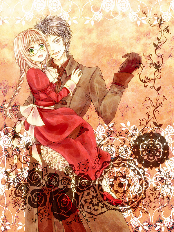 1boy, 1girl, alicia_licen, aozorakanon, bangs, black_flower, black_gloves, black_pants