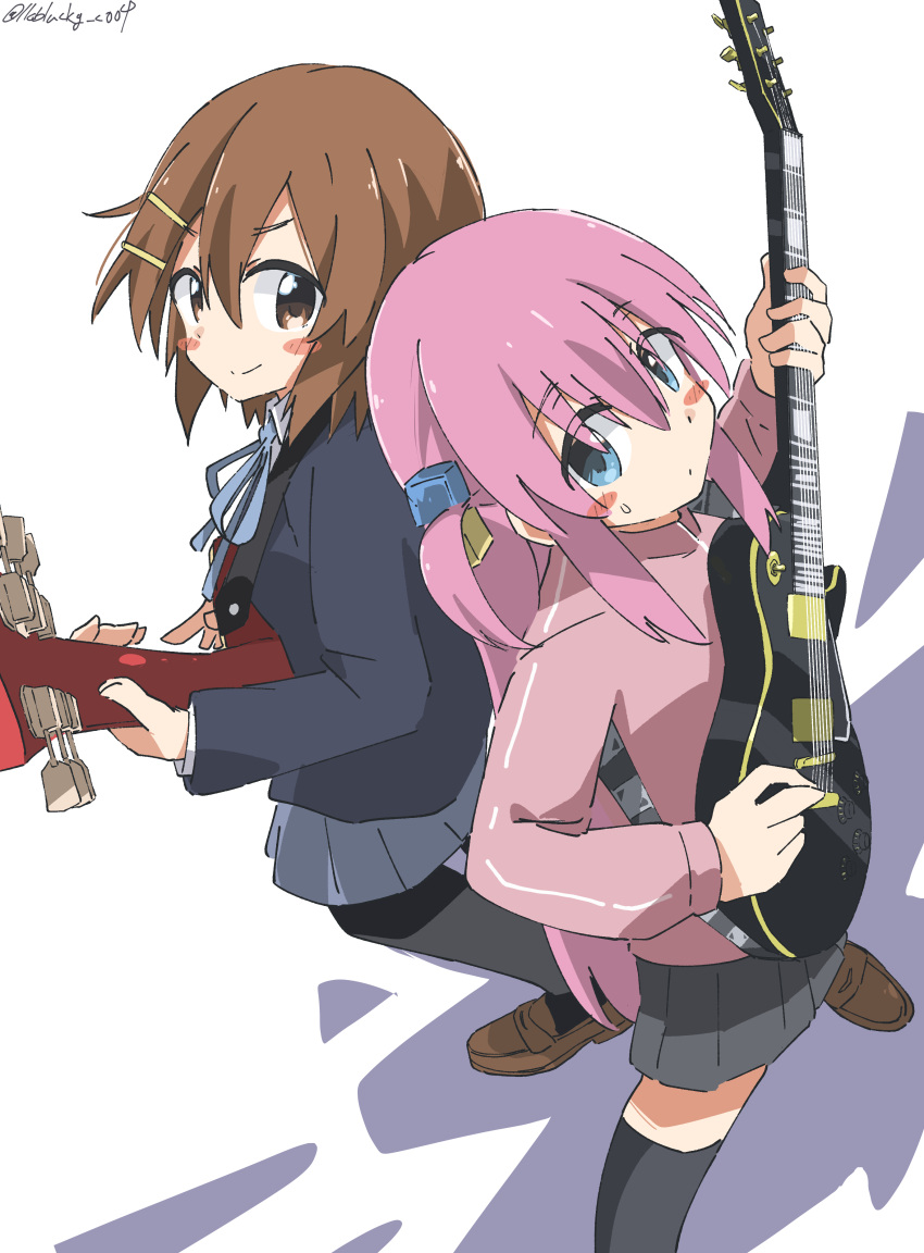 2girls, absurdres, back-to-back, blue_eyes, bocchi_the_rock!, brown_eyes, brown_hair, crossover