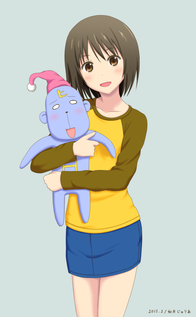 1girl, :d, artist_name, bangs, black_hair, blue_background, blue_skirt, blush