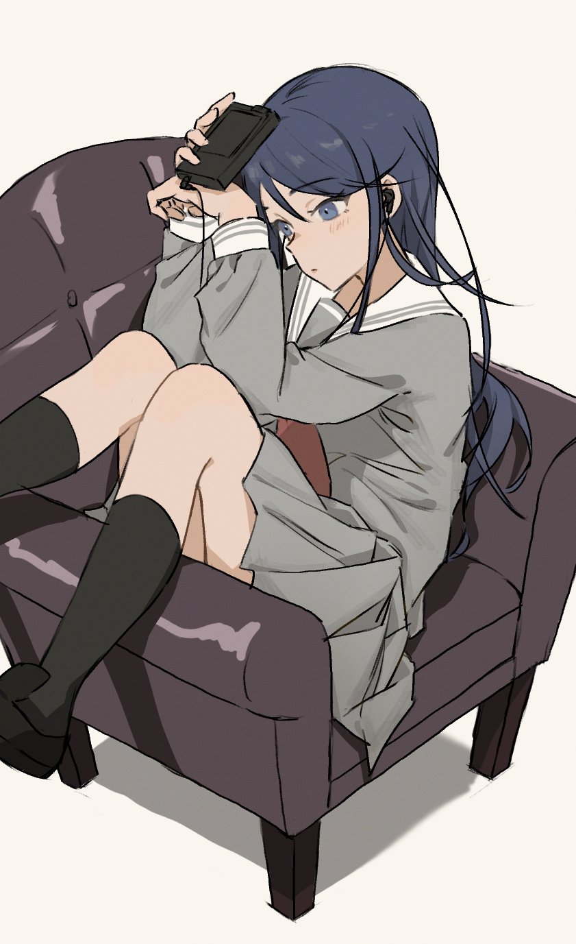 1girl, armchair, black_socks, blue_eyes, blue_hair, brown_background, chair, closed_mouth